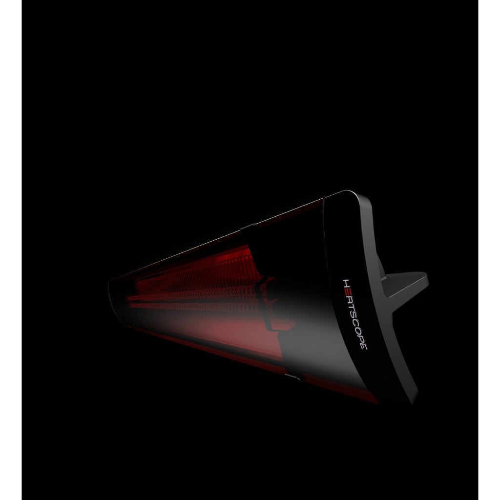 Heatscope Heaters Pure 3000W electric radiant heater in black with a glowing red heating element on a black background.