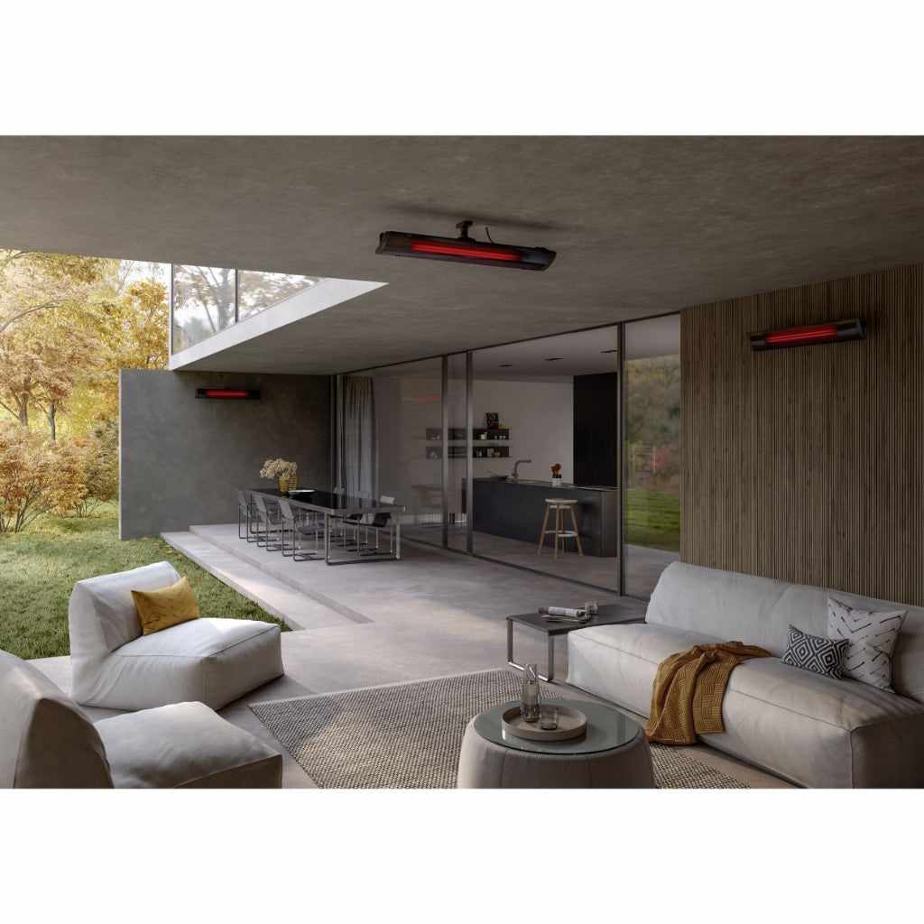 Heatscope Heaters Pure 3000W electric radiant heaters mounted on the ceiling and wall of a modern outdoor patio.
