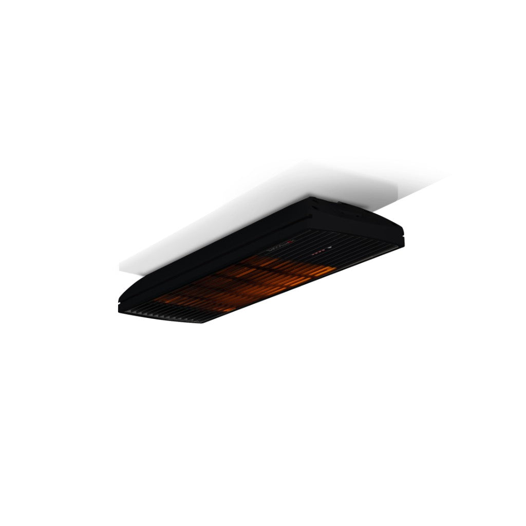 Heatscope Heaters Spot 1600W electric radiant heater in black, mounted on a white ceiling with glowing orange elements.