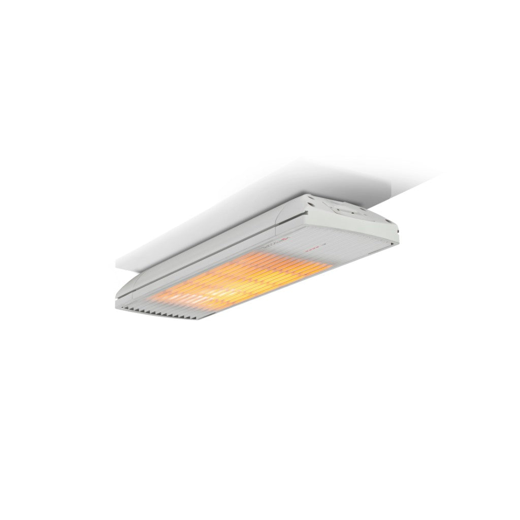 White Heatscope Heaters Spot 1600W electric radiant heater mounted on a ceiling with a glowing orange heating element.