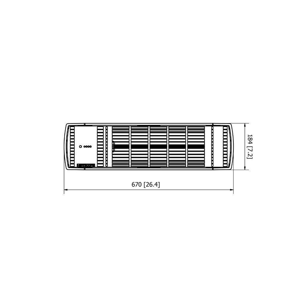 Technical line drawing of a Heatscope Heaters Spot 1600W electric radiant heater with dimensions in mm and inches.