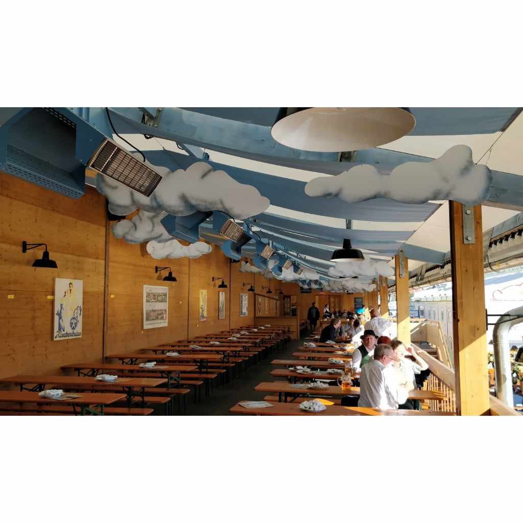 Heatscope Heaters Spot 1600W electric radiant heaters mounted on the ceiling of a wooden beer hall with cloud decor.