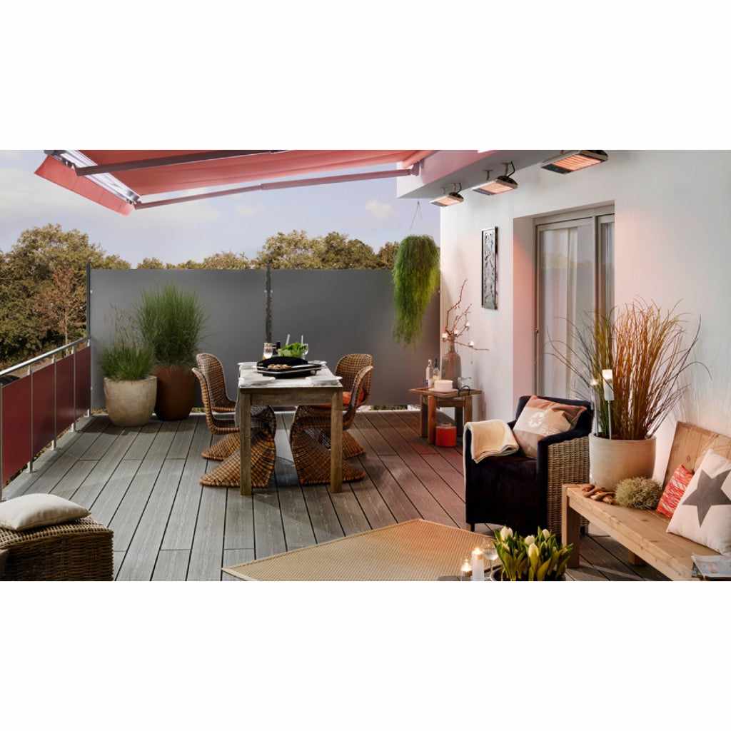 Heatscope Heaters Spot 1600W electric radiant heaters mounted on a modern outdoor terrace ceiling.