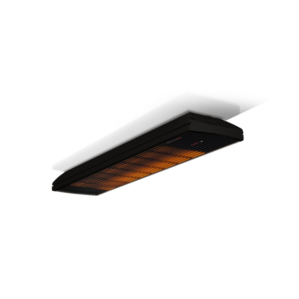 Heatscope Heaters Spot 2800W electric radiant heater in black, mounted on a white ceiling with glowing orange elements.