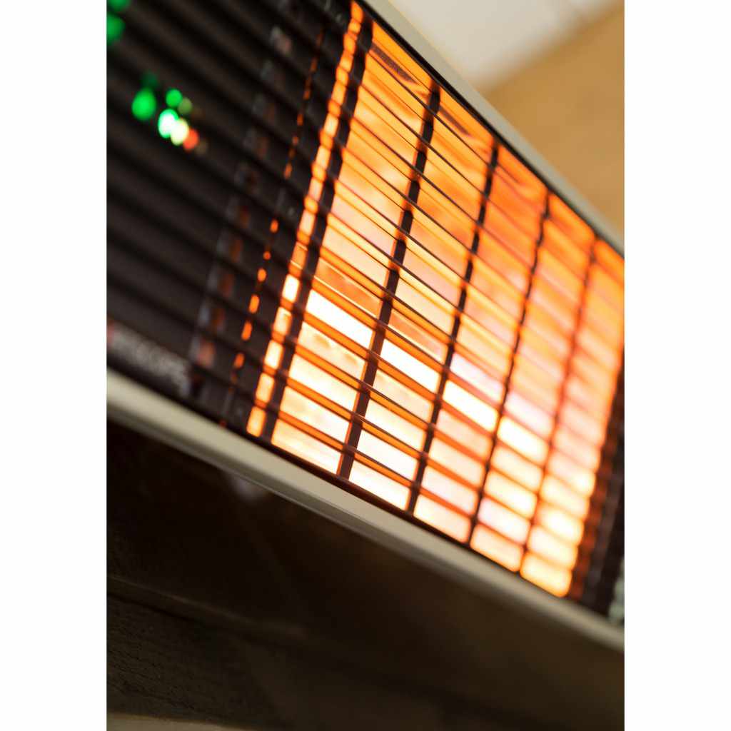 Heatscope Heaters Spot 2800W electric radiant heater with glowing orange heating elements and green status lights.
