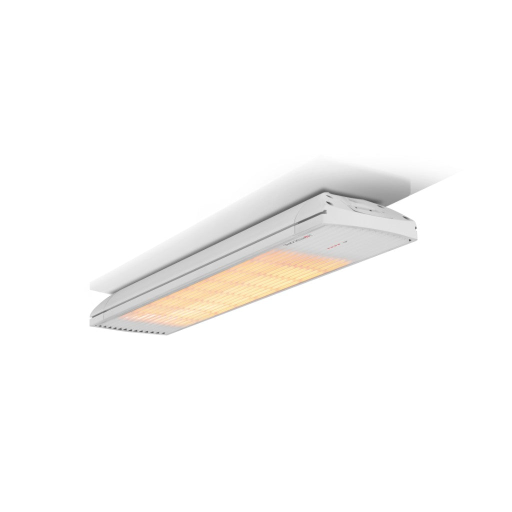 Heatscope Heaters Spot 2800W electric radiant heater in white, mounted on a ceiling with a glowing orange element.