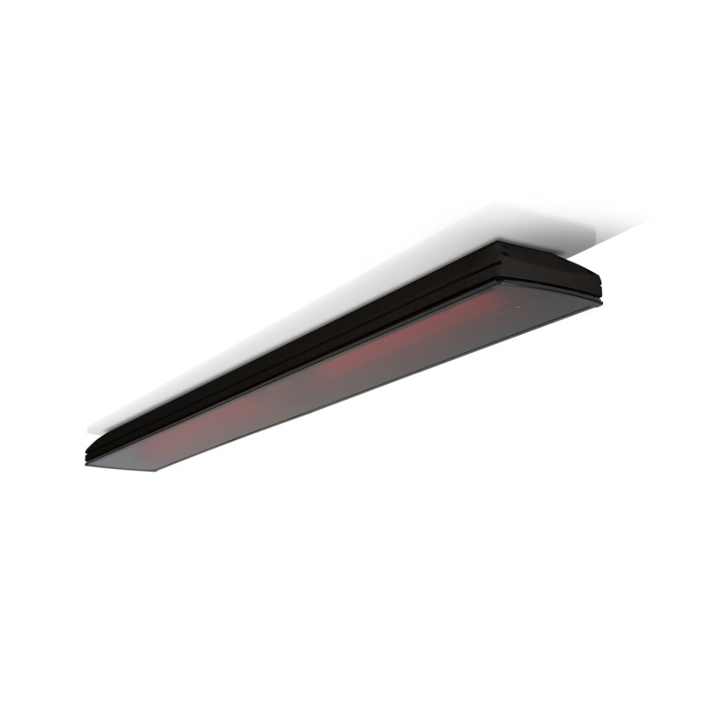 Heatscope Heaters Vision 3200w electric radiant heater in black, mounted on a white ceiling with a glowing red element.