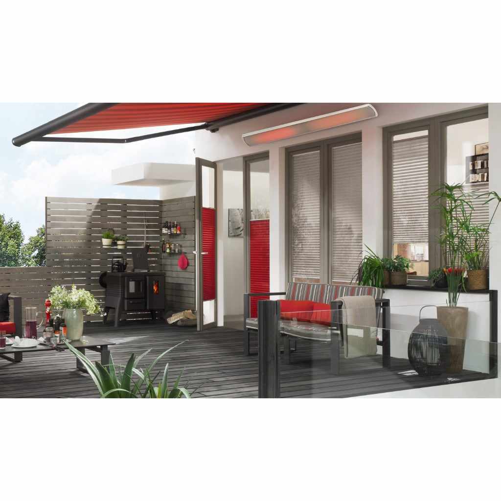 Heatscope Heaters Vision 3200w electric radiant heater mounted on a modern grey outdoor patio wall.