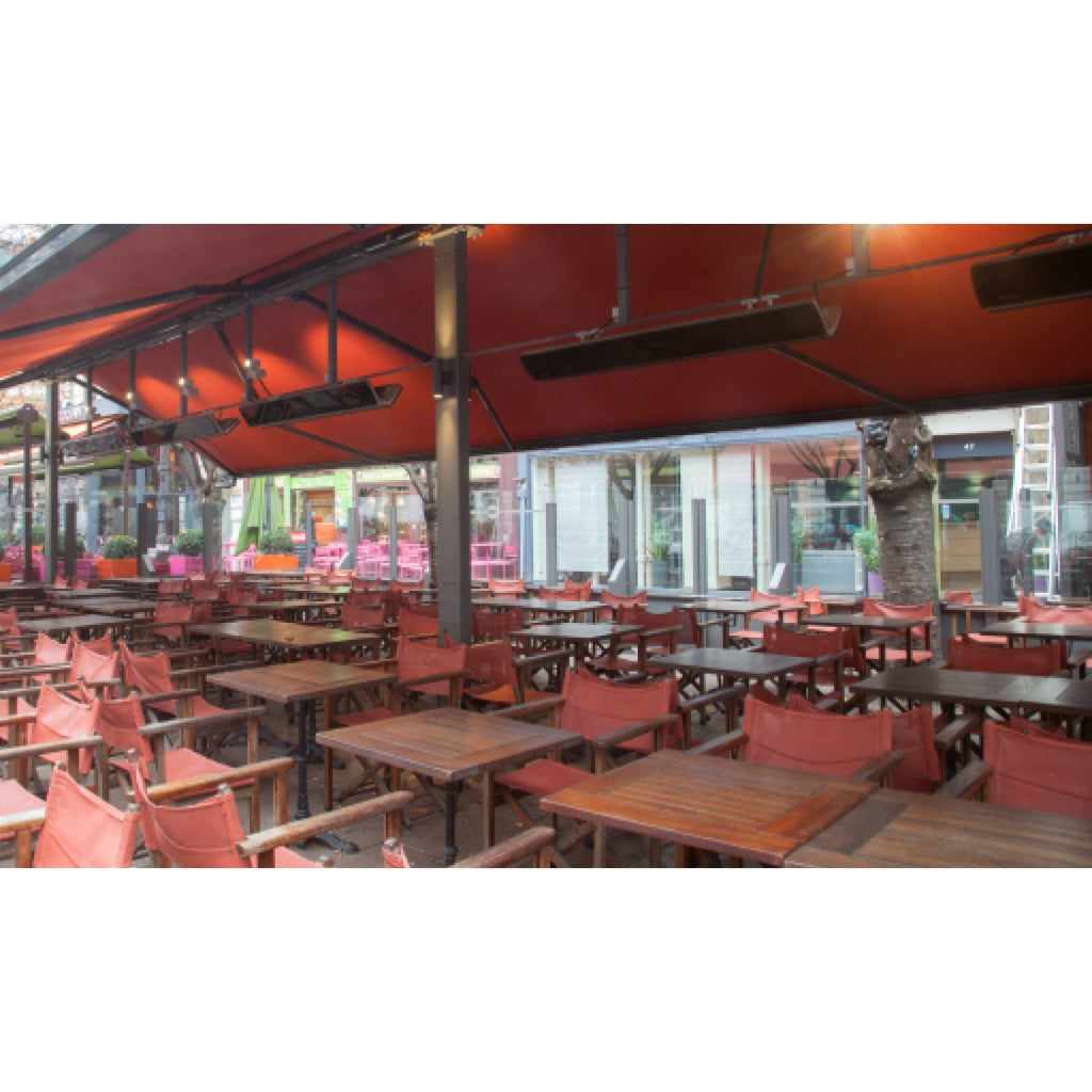 Heatscope Heaters Vision 3200w electric radiant heaters mounted on a red outdoor canopy above a restaurant terrace.