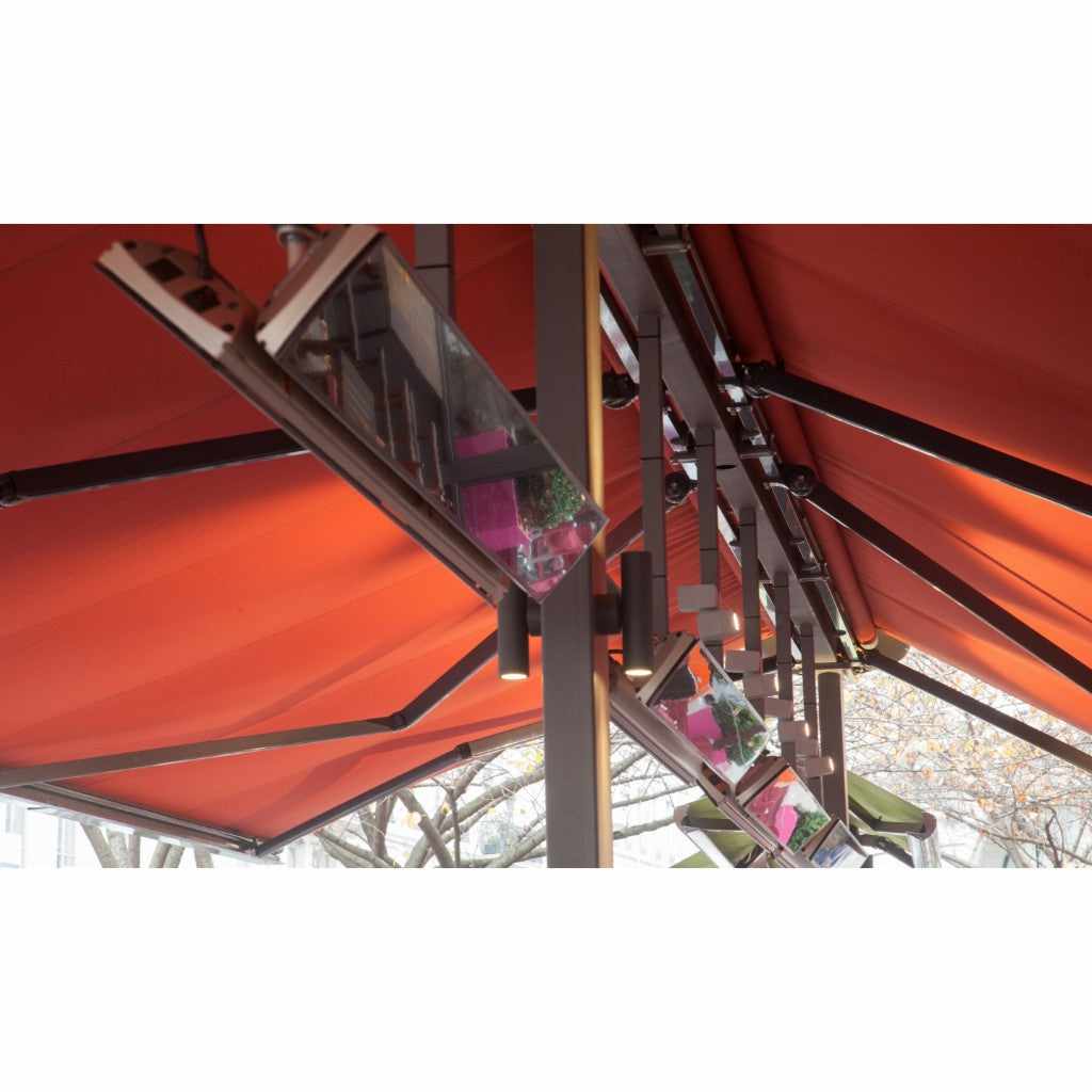 Heatscope Heaters Vision 3200w electric radiant heater mounted on a dark frame under a bright orange outdoor canopy.