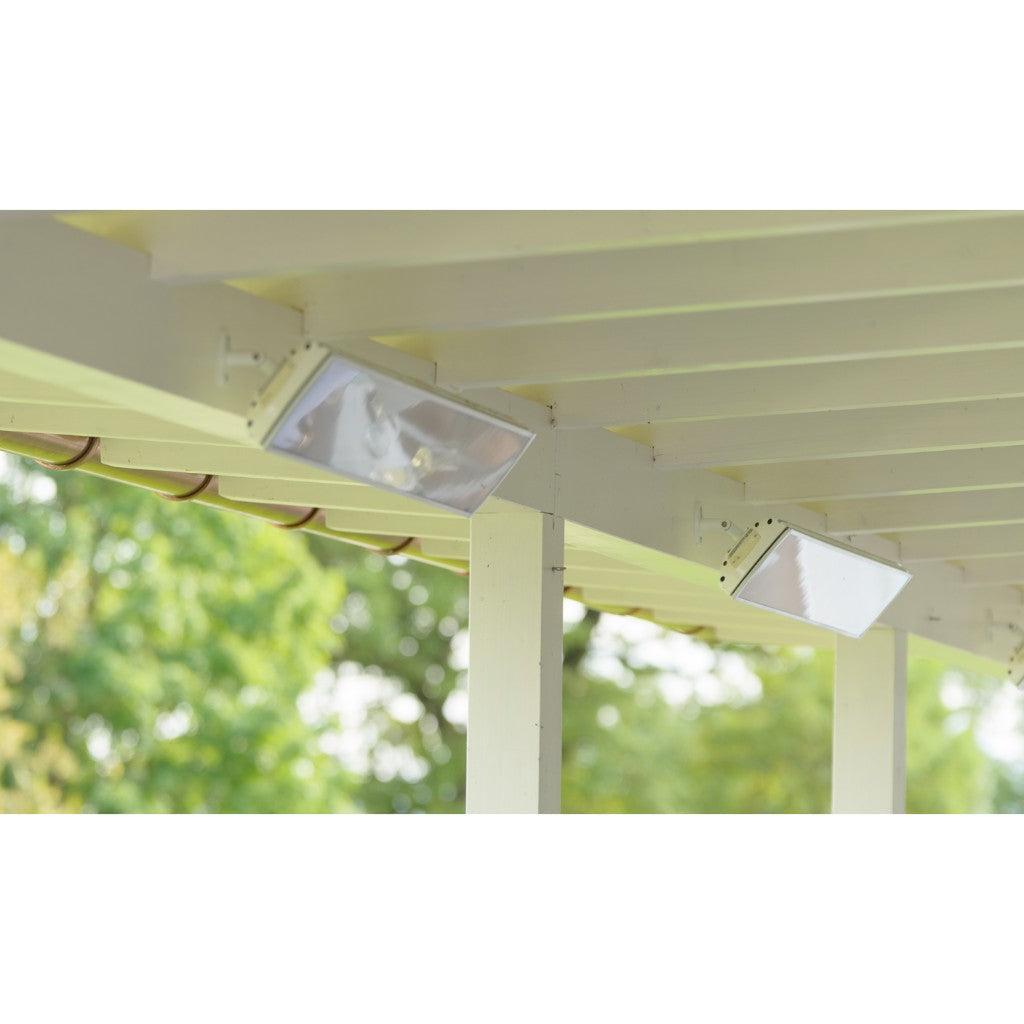Two white Heatscope Heaters Vision 3200w electric radiant heaters mounted to a white wooden outdoor ceiling.