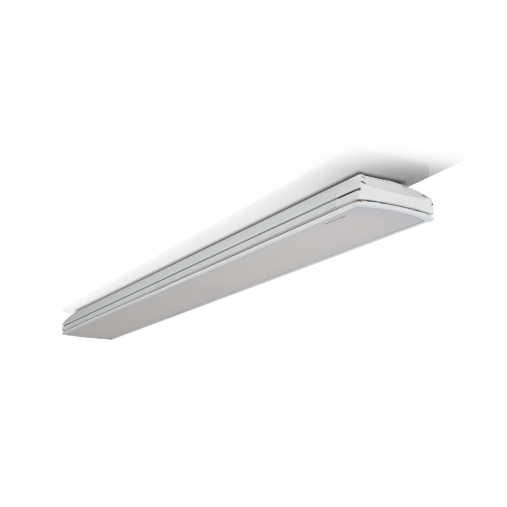 Heatscope Heaters Vision 3200w electric radiant heater in white, mounted horizontally on a white ceiling.