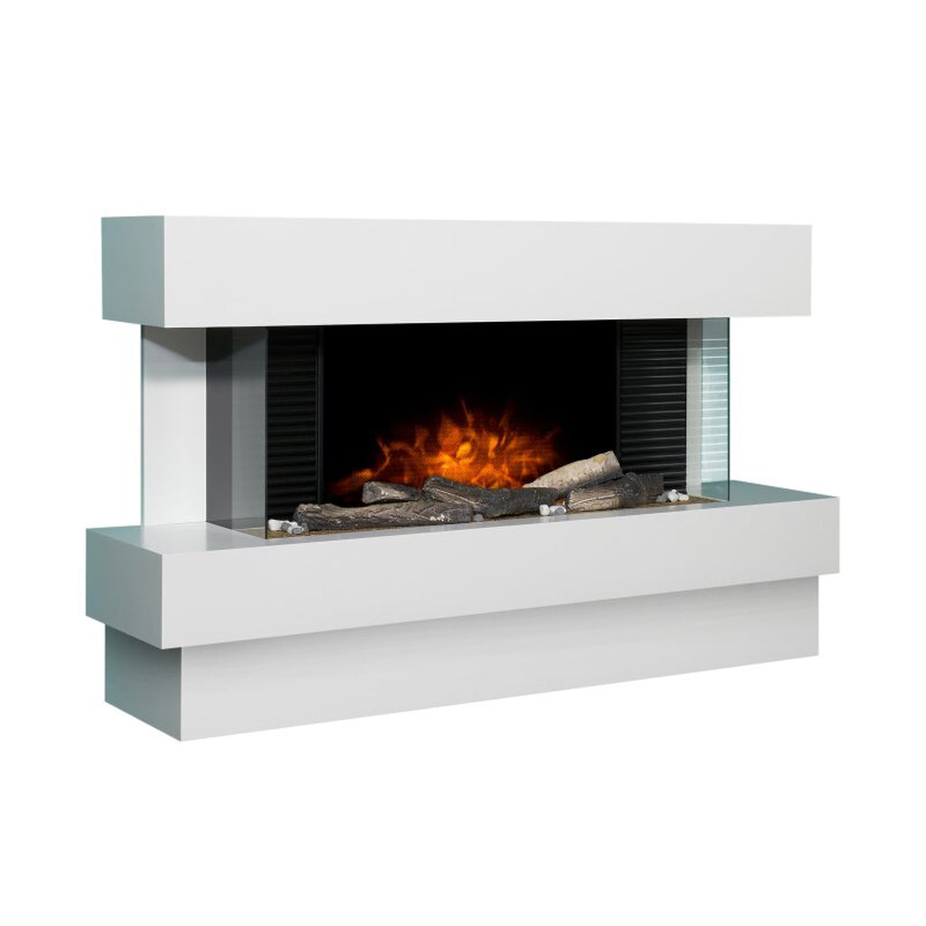 Manola XLS electric suite fireplace in white with a three-sided glass display and realistic glowing log fuel bed.