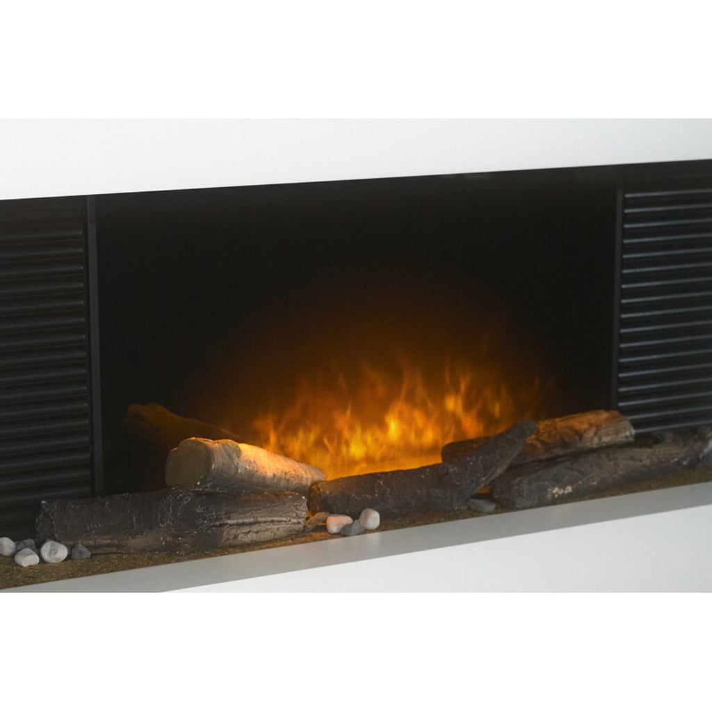 Manola XLS Electric Suite Fireplace with glowing orange flame effect, realistic logs, and black side grilles.