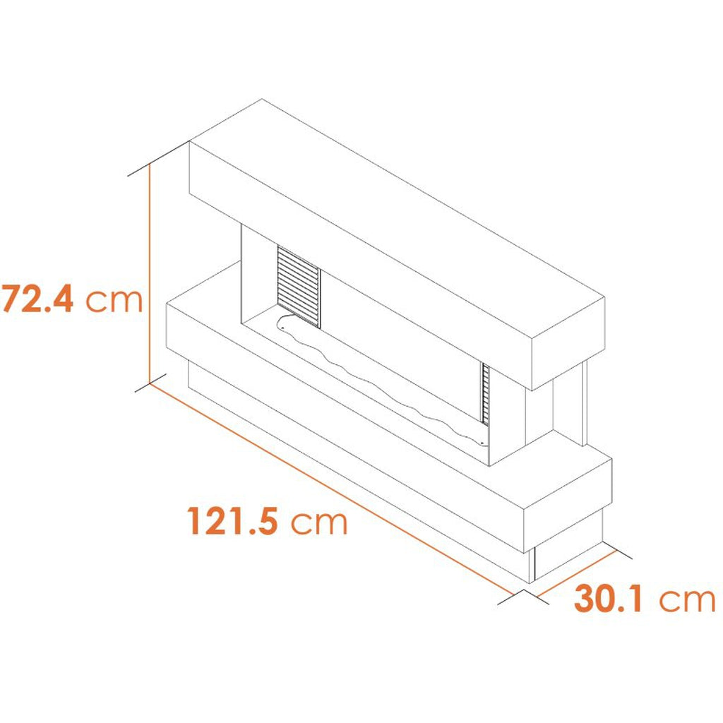 Line drawing of the Manola XLS Electric Suite Fireplace showing dimensions of 121.5cm width, 72.4cm height and 30.1cm depth.