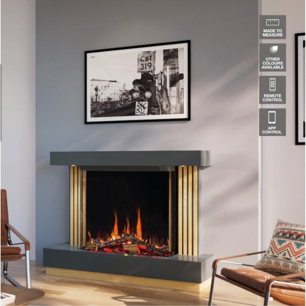 OER Fairmont Electric Fireplace Suite with a dark grey surround, light wood vertical slats, and a realistic log fire.