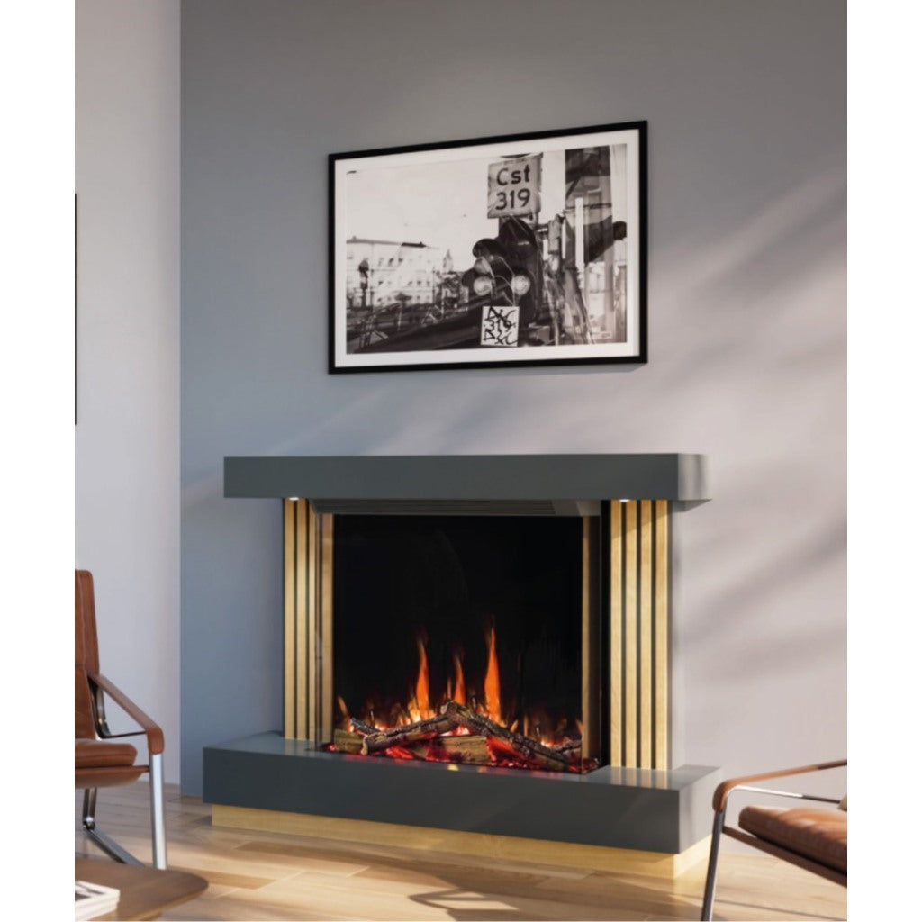 OER Fairmont Electric Fireplace Suite with a grey surround, gold vertical slats, and a realistic log flame effect.