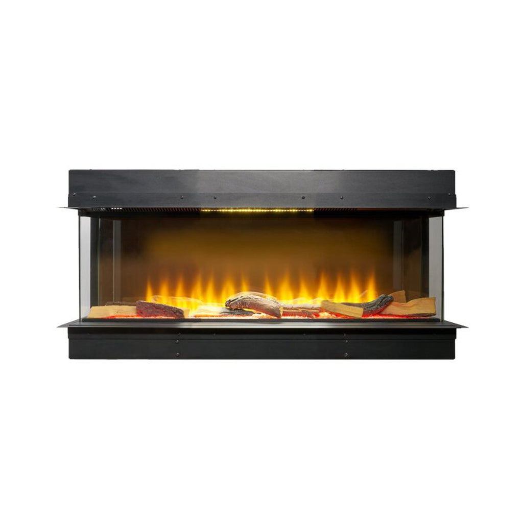 Sahara 31 inch 3-sided panoramic electric fire insert with a black frame and realistic glowing log fuel bed.