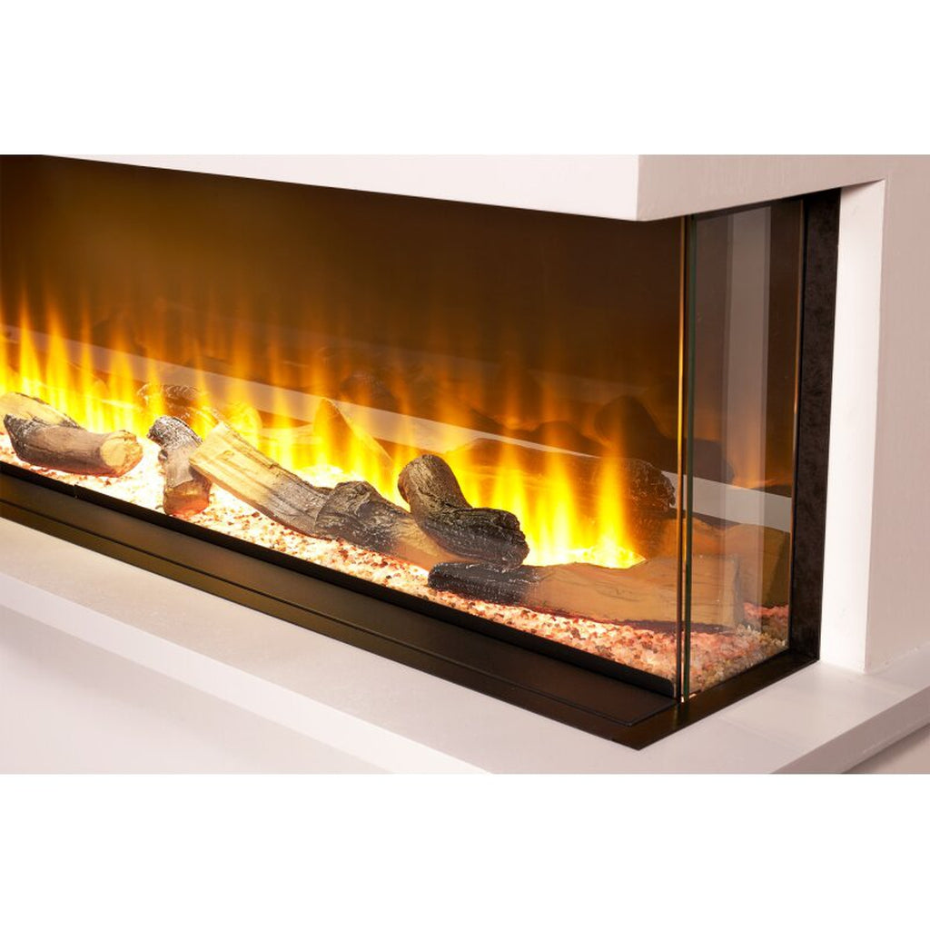 Sahara 31-inch three-sided electric fire insert with realistic glowing logs and orange flame effect on a white surround.