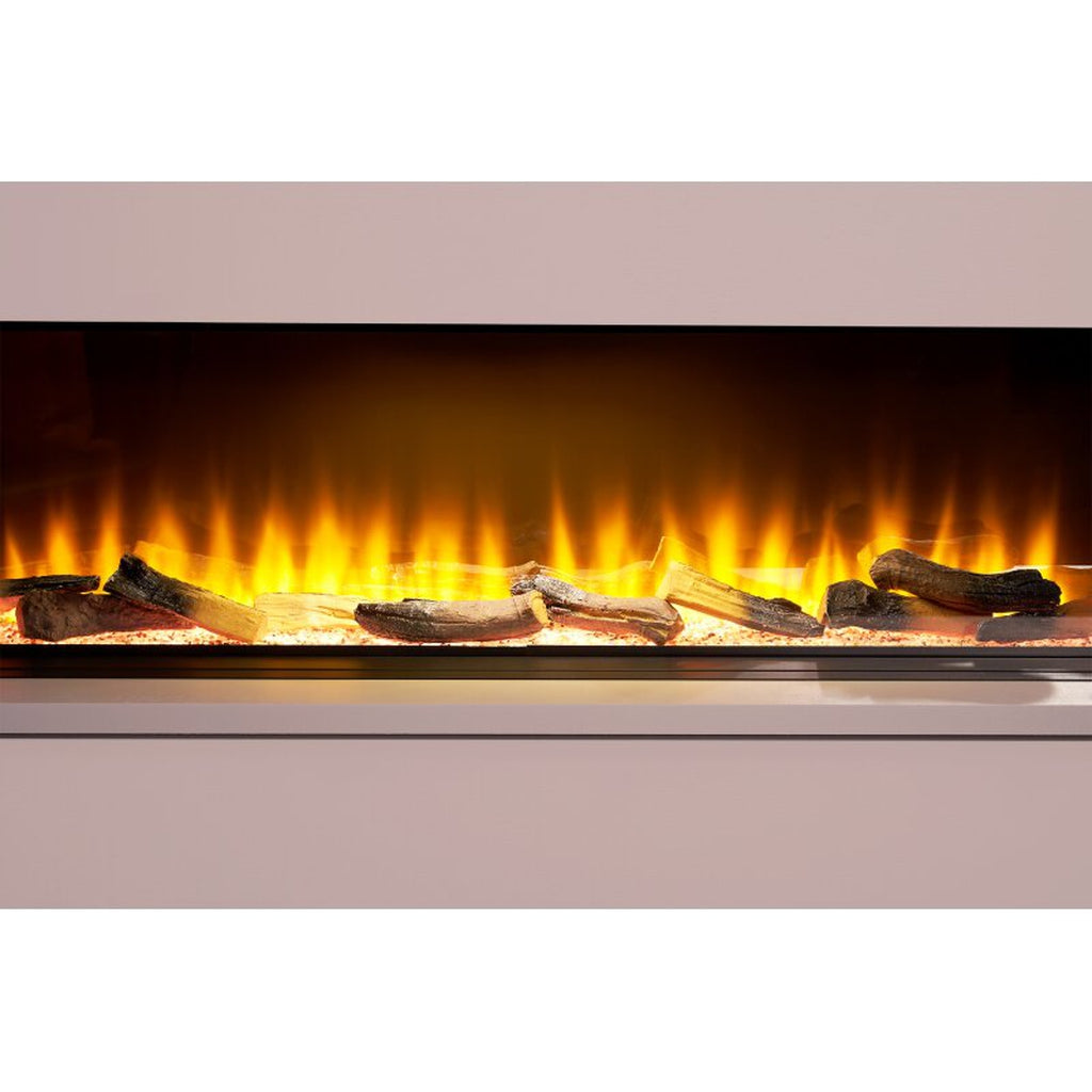 Sahara 31 Inch 3 Sided Panoramic Media Wall Electric Fire Insert with realistic glowing logs and orange flame effect.
