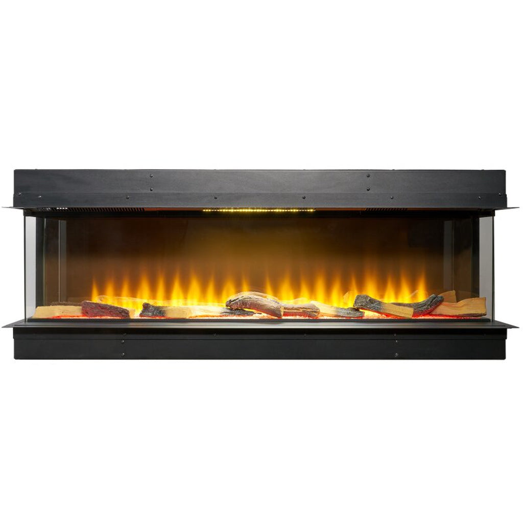 Sahara 42 Inch 3 Sided Panoramic Media Wall Electric Fire with a black frame and realistic glowing log fuel bed.