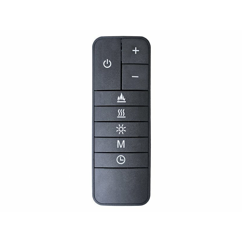 Black Sahara 42 Inch electric fire remote control with white icons for power, heat, flame, and timer settings.