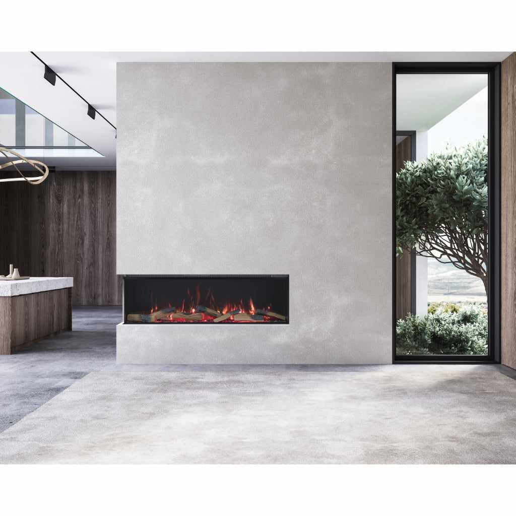 Vision Futura 1300 electric fire with glowing logs set in a modern, light grey textured media wall in a living room.