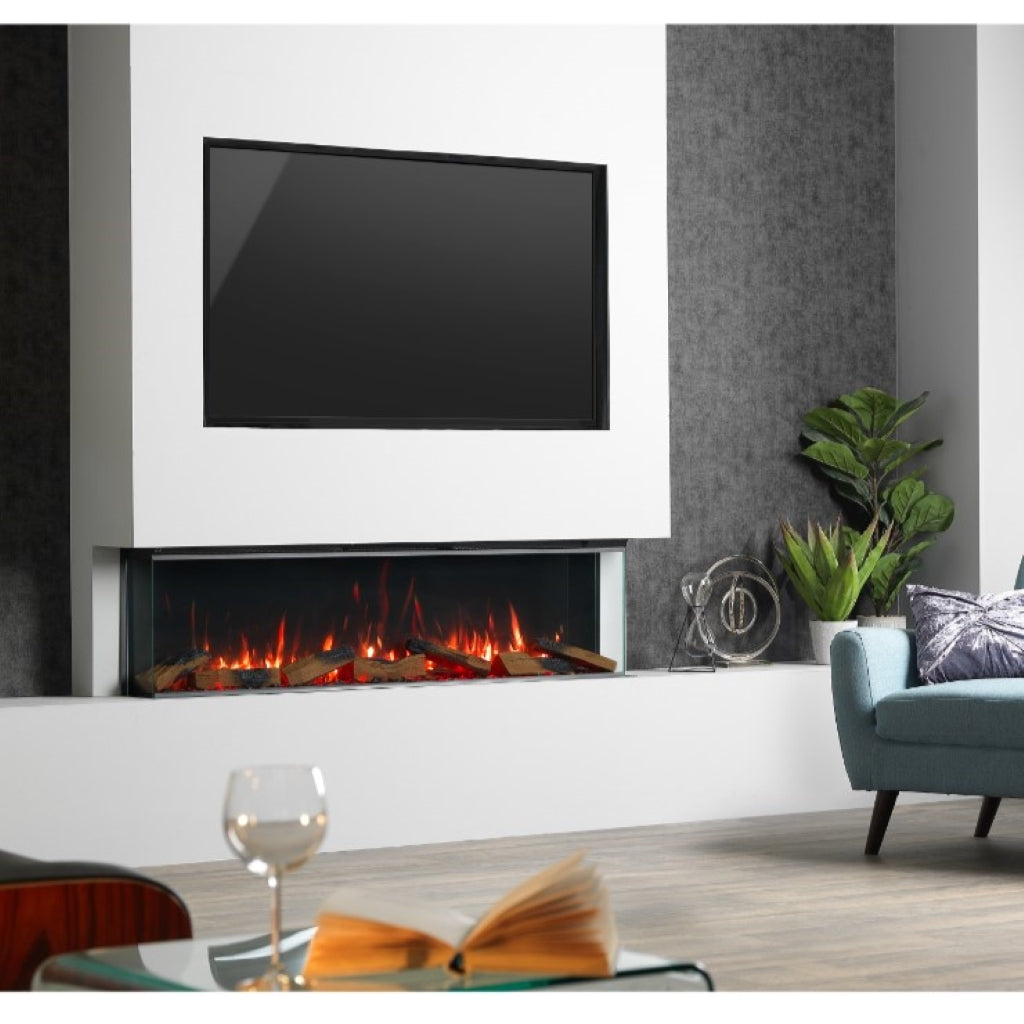 Vision Futura 60-inch three-sided electric fire with realistic glowing logs set in a modern white media wall.