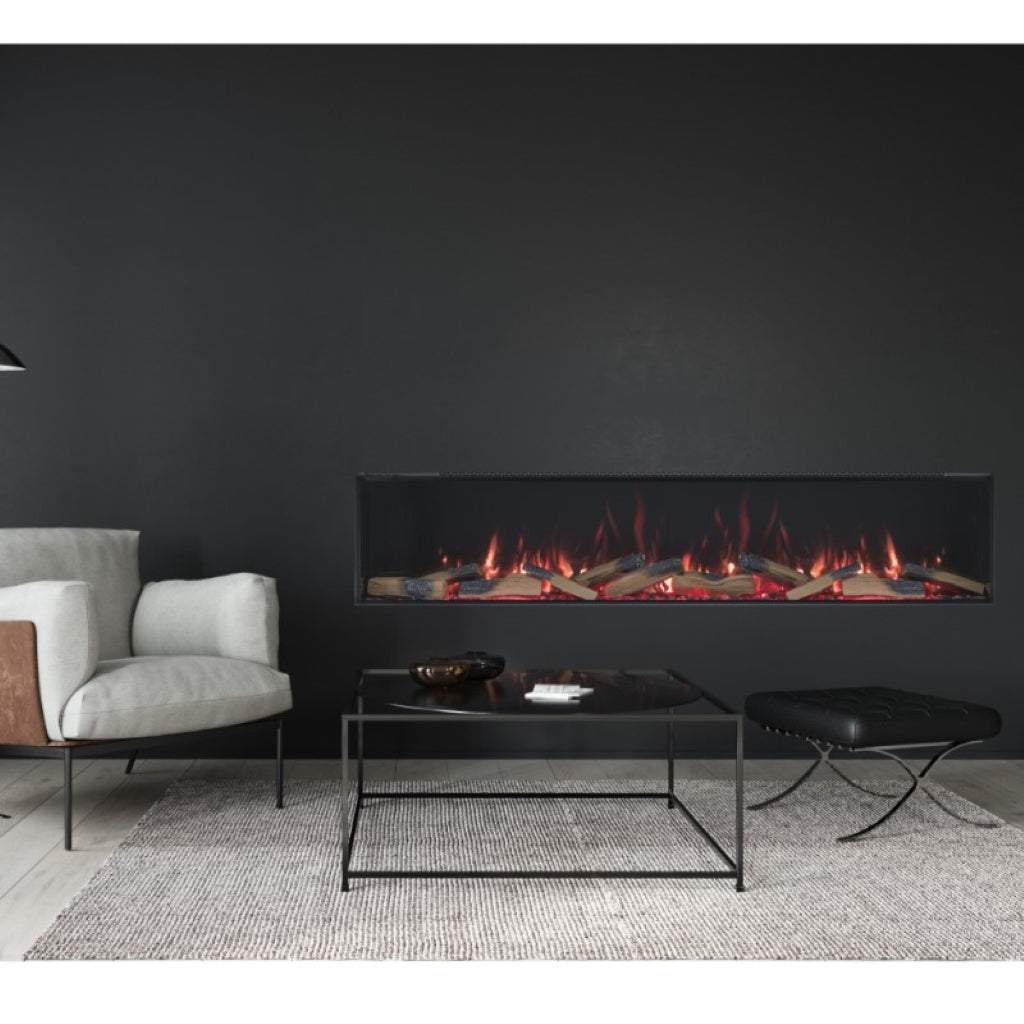 Vision Futura 72 inch electric fire with realistic log flame effect, mounted on a dark grey wall in a modern lounge.