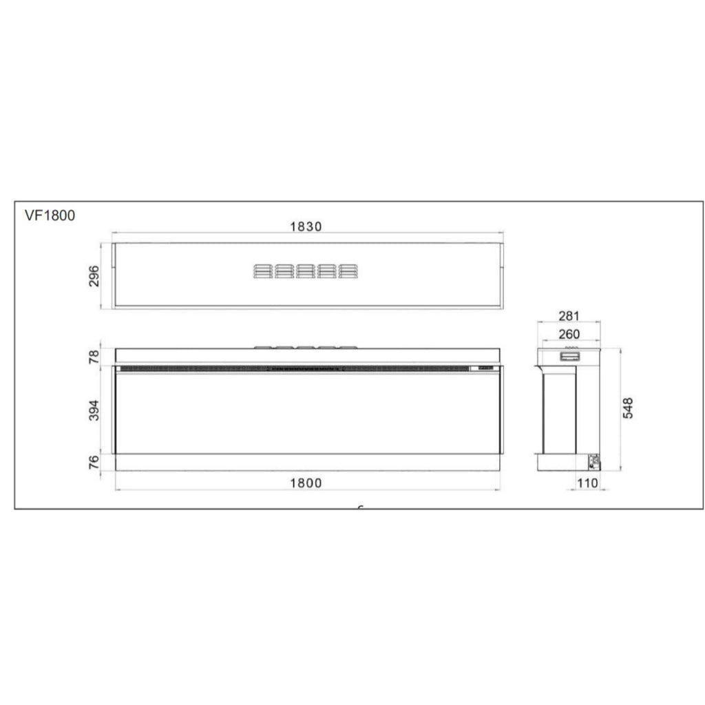 Technical line drawing showing front, top, and side dimensions of the Vision Futura VF1800 electric fire insert.