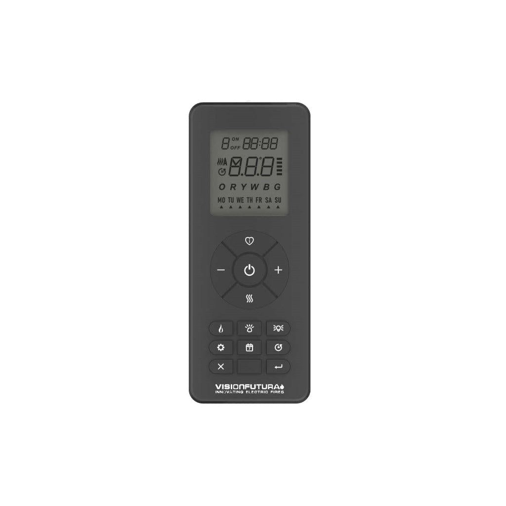 Black Vision Futura remote control with a digital LCD screen, circular navigation buttons, and function icons.