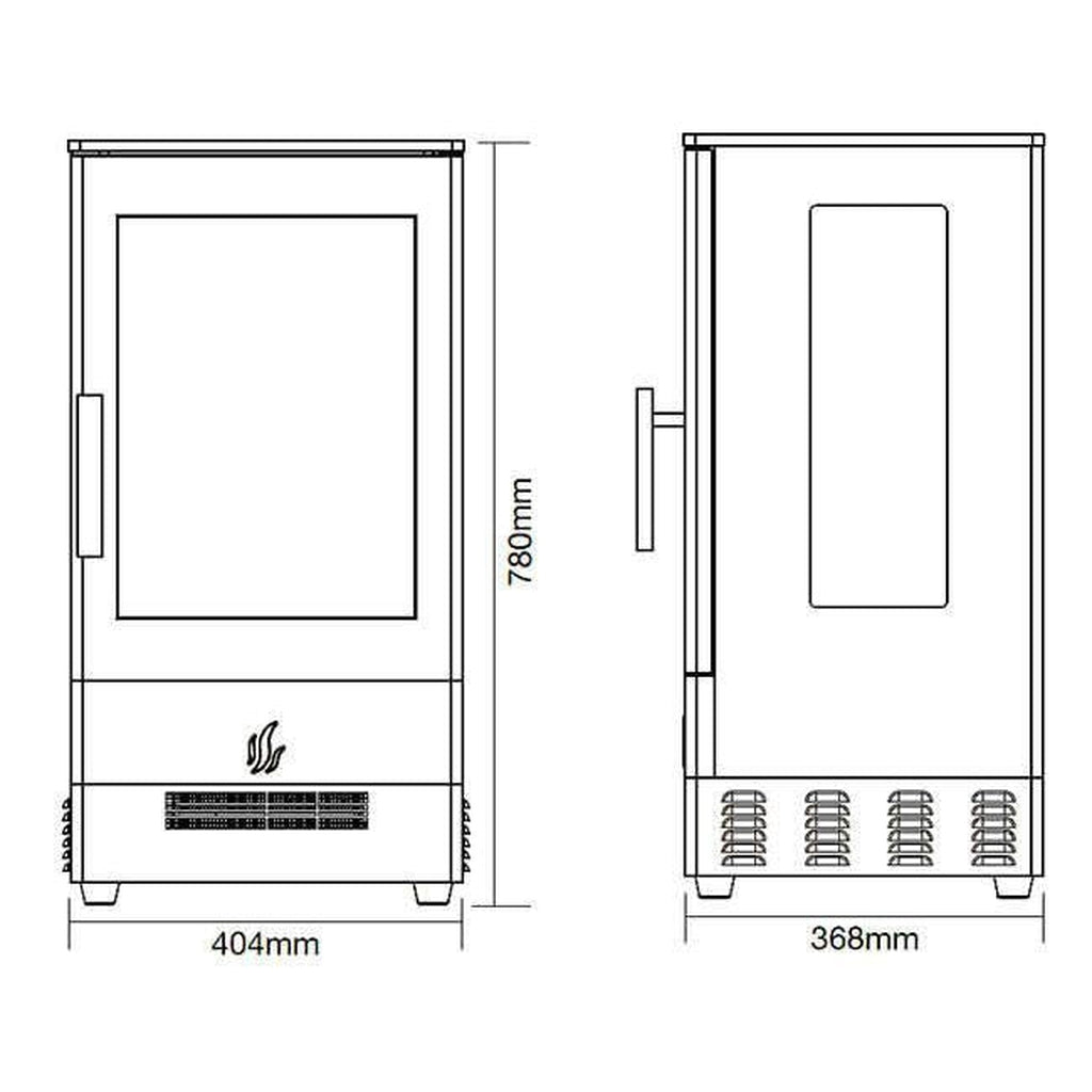 ACR E-Trinity3 electric stove technical line drawing showing front and side elevation dimensions in millimetres.