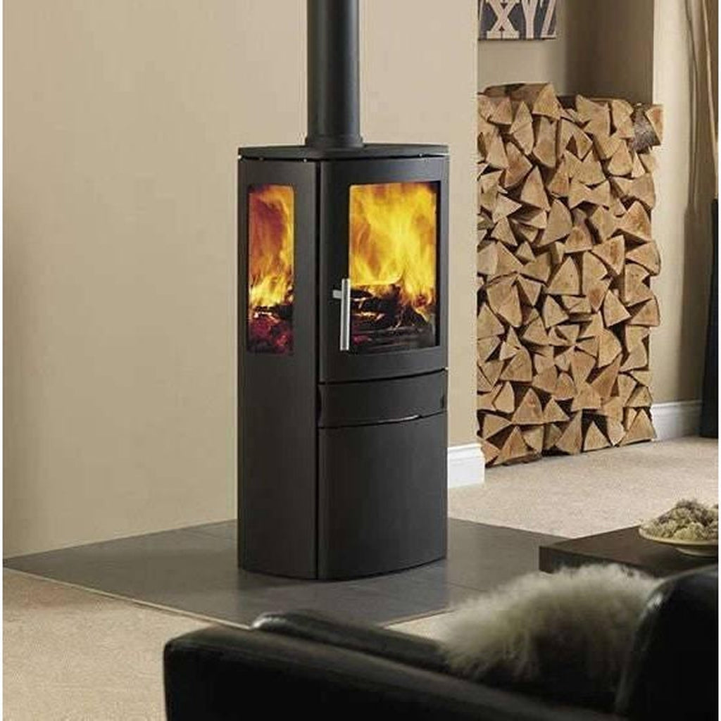 ACR NEO3C electric stove in black with side glass panels and a glowing flame effect on a grey hearth.