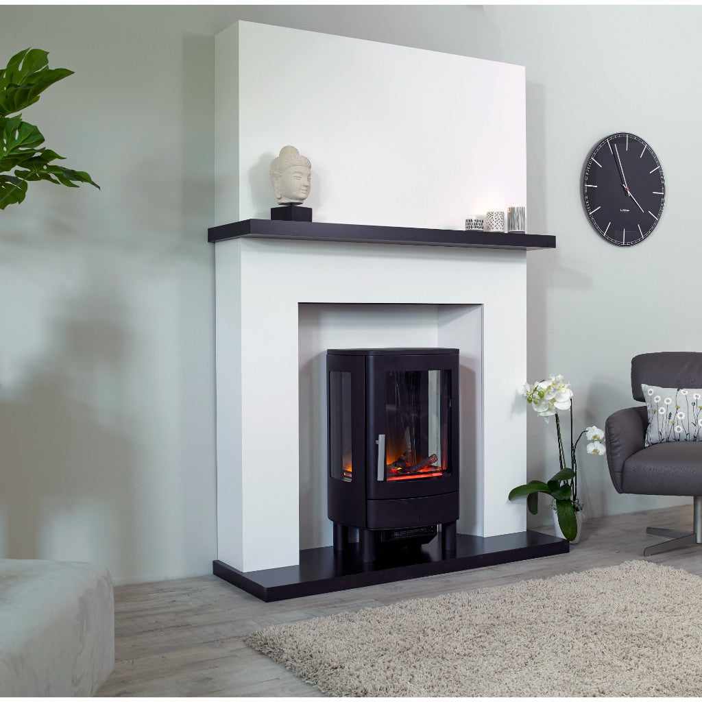 ACR NEO3F electric stove with a black finish, set in a white fireplace surround with a black mantel and hearth.
