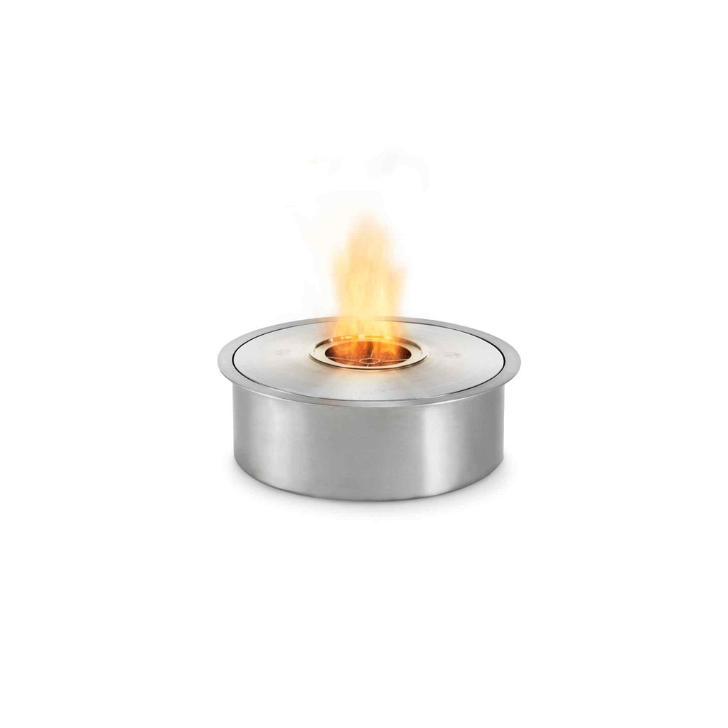 EcoSmart Fire AB8 ethanol burner in brushed stainless steel with a circular top tray and a central flickering flame.