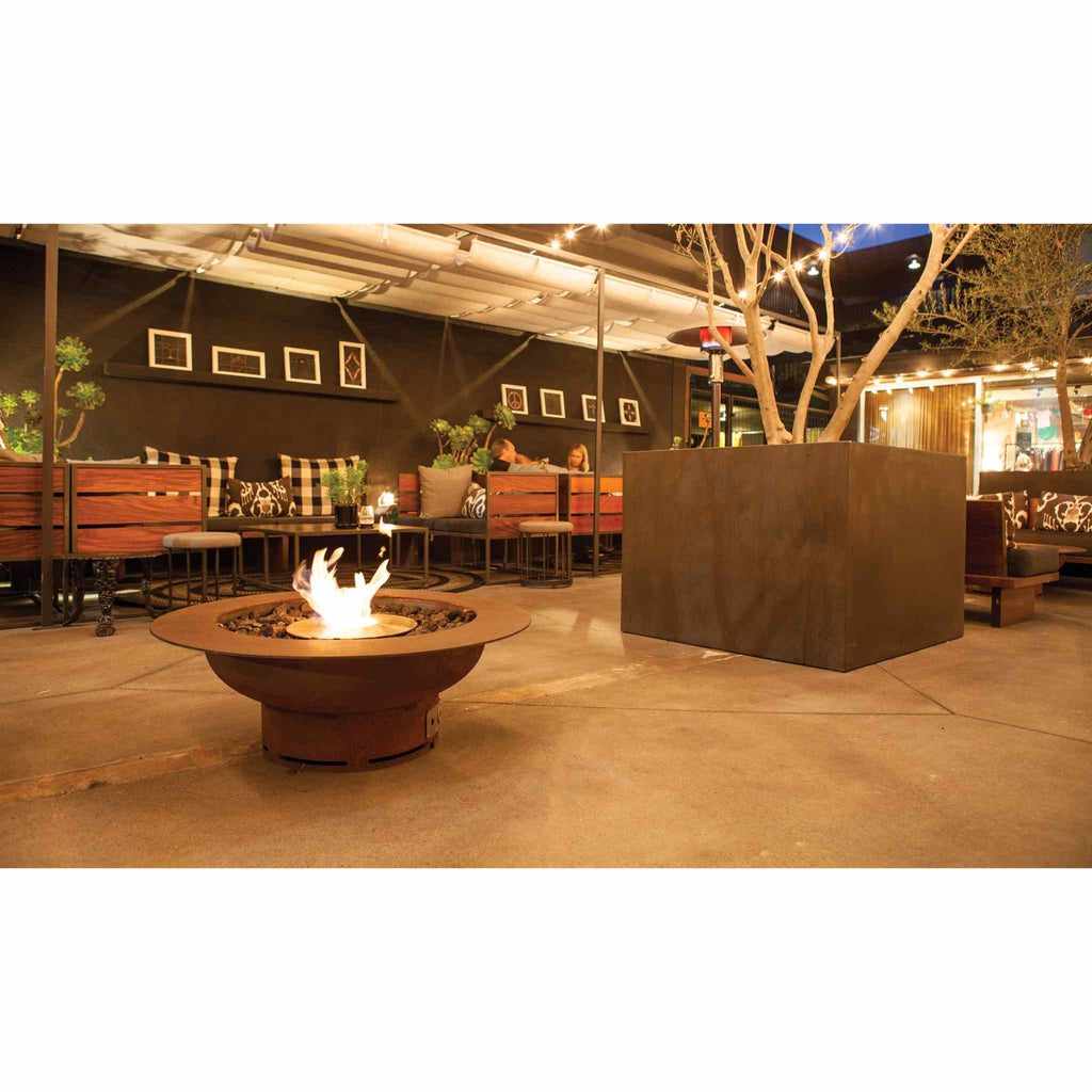 EcoSmart Fire AB8 Ethanol Burner with top tray, featuring a round, rusted metal bowl design with a glowing flame.