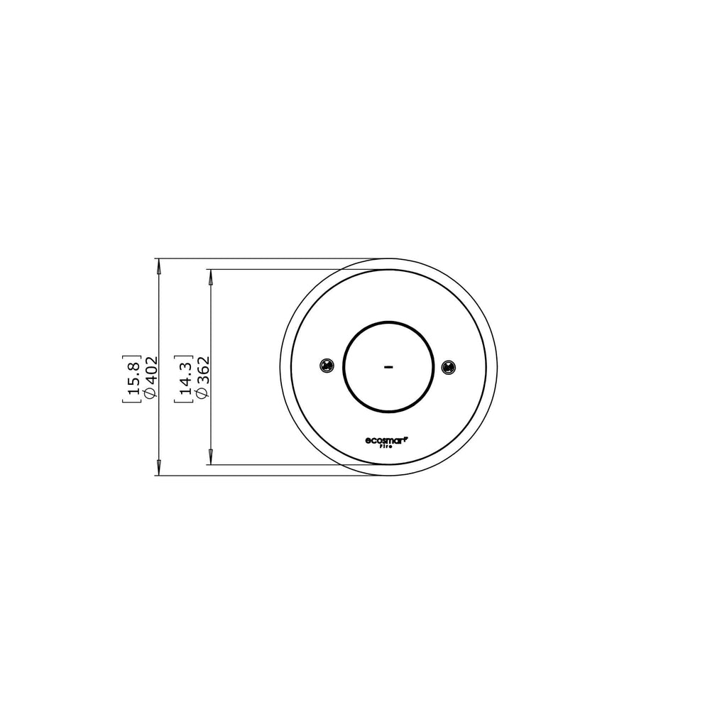 Technical line drawing of the EcoSmart Fire AB8 Ethanol Burner showing circular dimensions and top view.