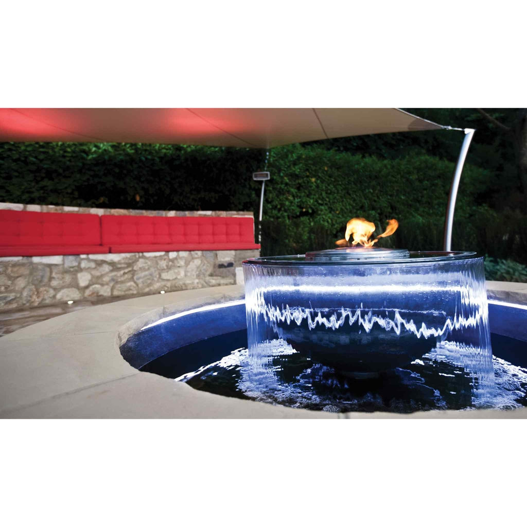 EcoSmart Fire AB8 Ethanol Burner with top tray, featuring a central flame surrounded by a cascading water fountain.