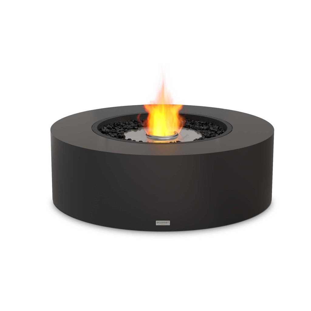 EcoSmart Fire Ark 40 bioethanol fire pit in matte black with a central flame and black decorative stones.