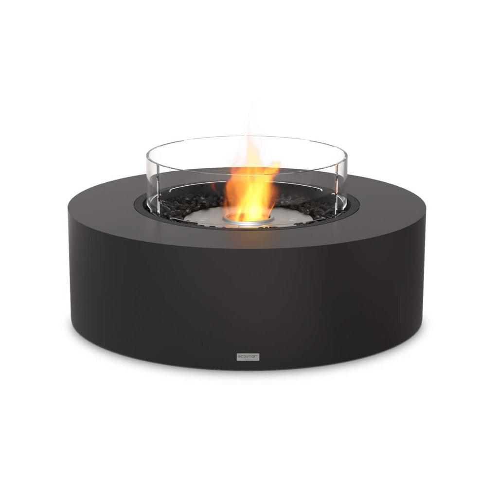 EcoSmart Fire Ark 40 bioethanol fire pit in matte black with a circular glass screen and central flame.