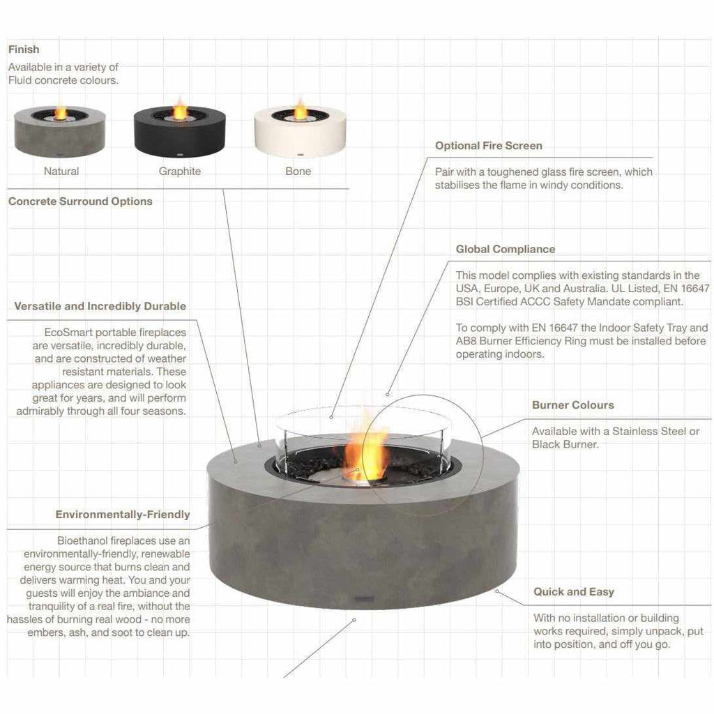 EcoSmart Fire Ark 40 bioethanol fire pit table in natural, graphite, and bone concrete finishes with a glass screen.
