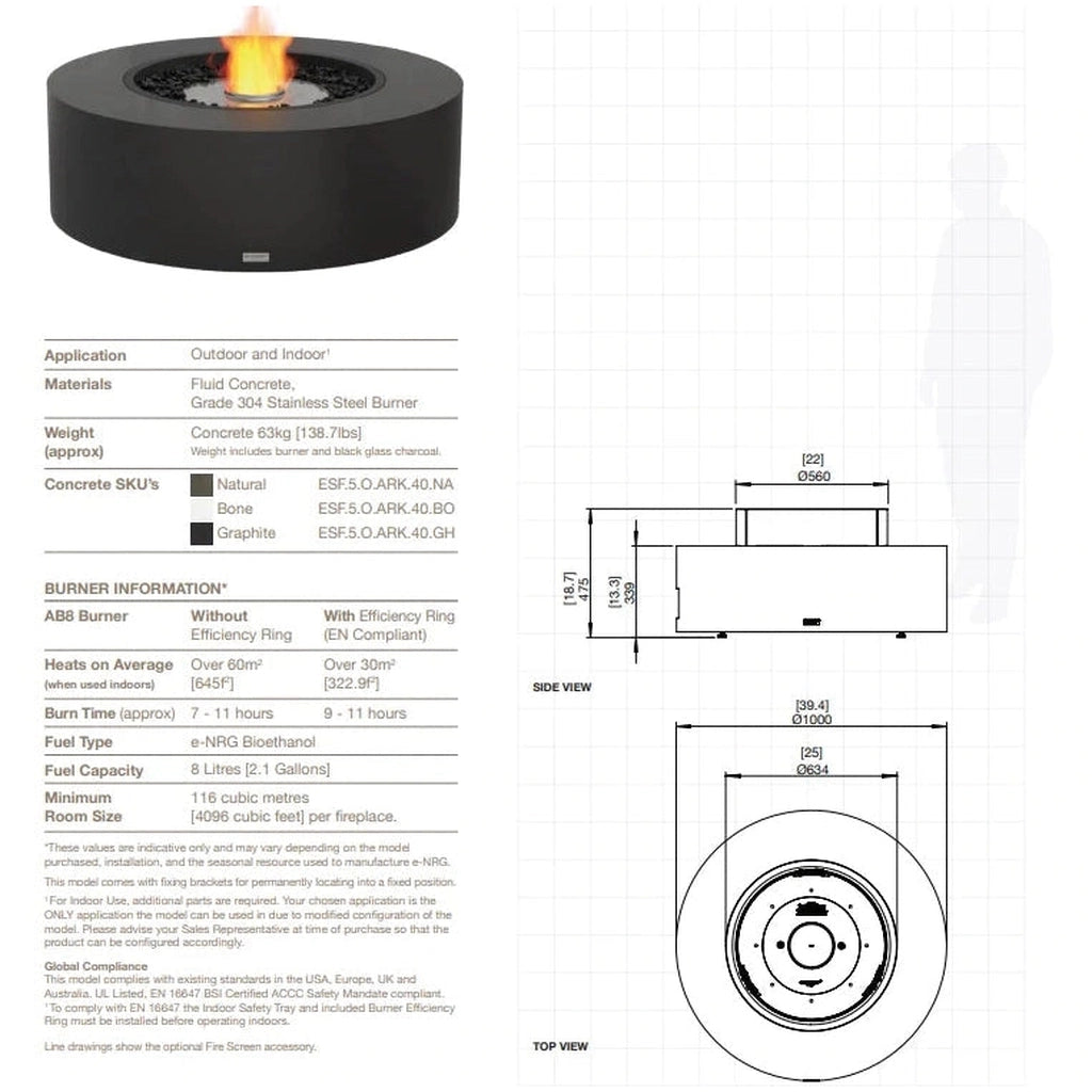 EcoSmart Fire Ark 40 bioethanol fire pit table in black concrete with technical diagrams and dimensions.