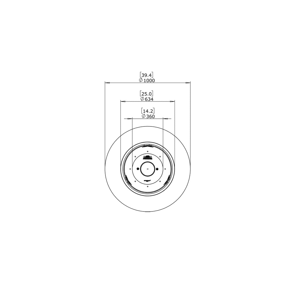 Top-down technical line drawing of the EcoSmart Fire Ark 40 showing circular dimensions in millimetres and inches.