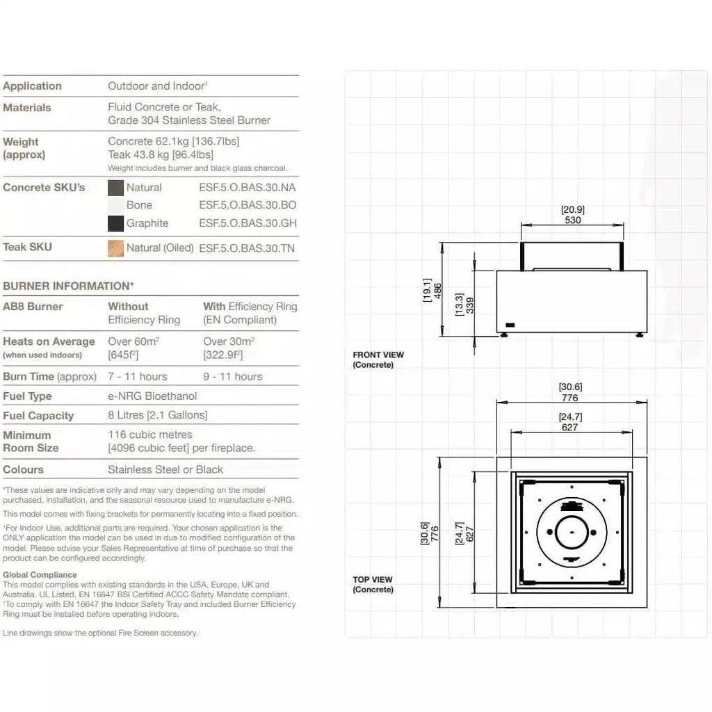 Technical line drawing of the EcoSmart Fire Base 30 showing front and top view dimensions with burner specifications.