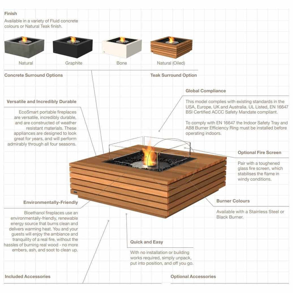 EcoSmart Fire Base 40 bioethanol fire pit table in natural teak wood with a central flame and glass fire screen.