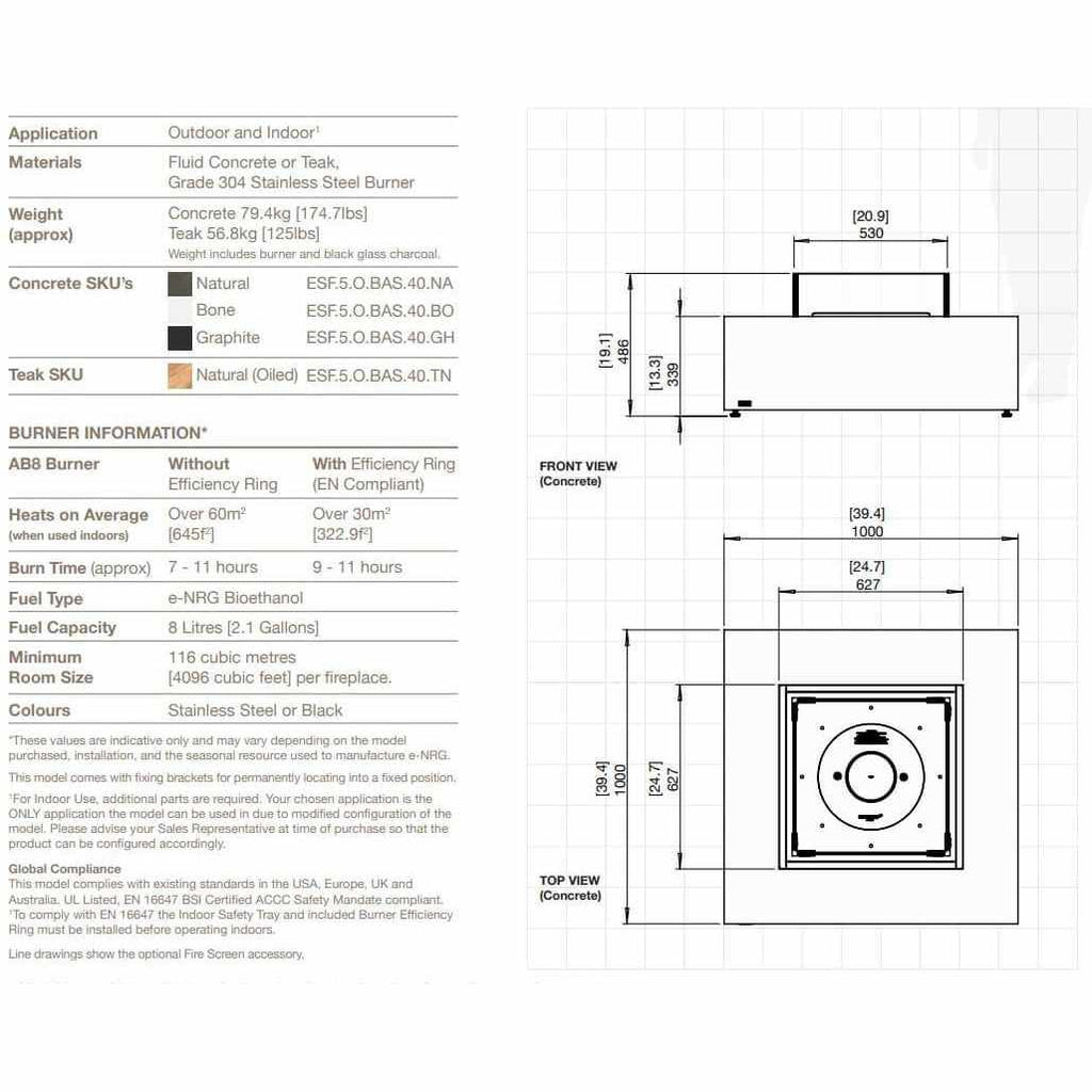 Technical specification diagram for the EcoSmart Fire Base 40 showing front and top view dimensions in millimetres.