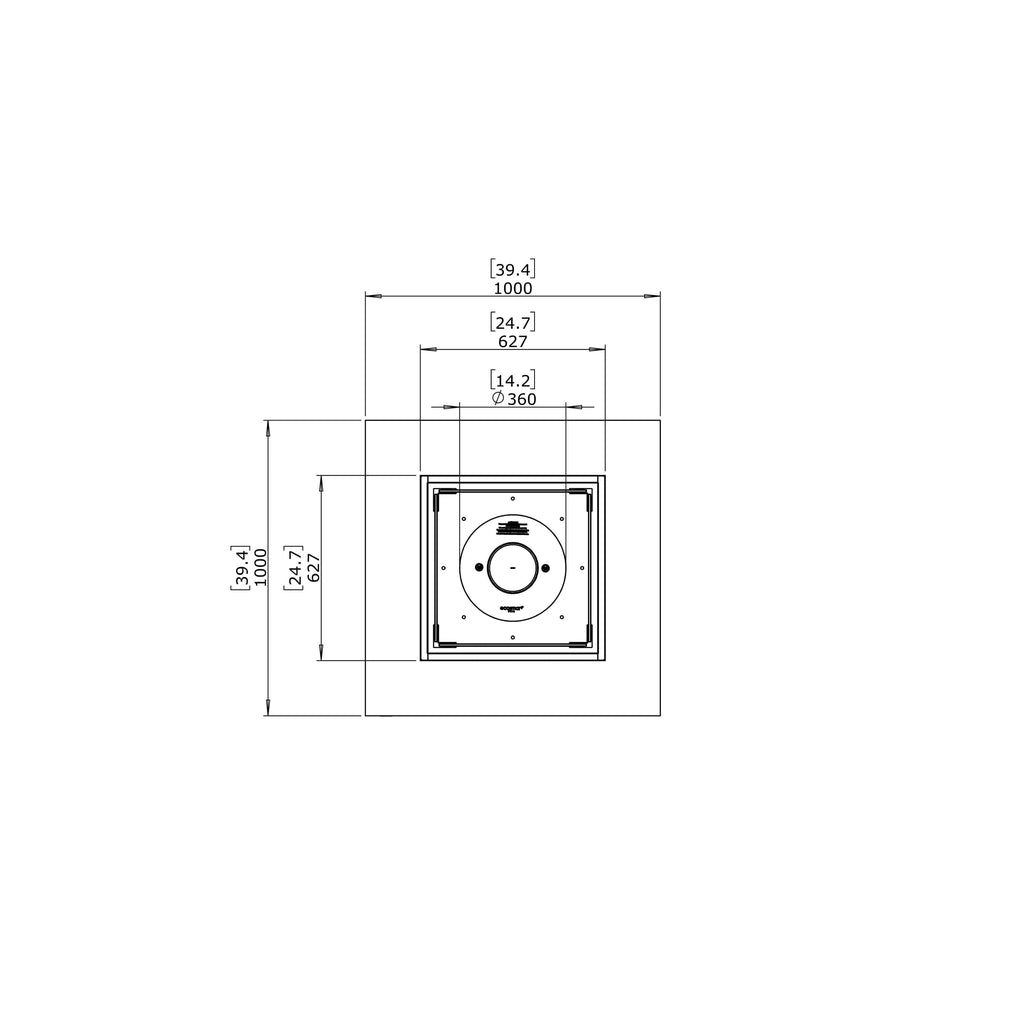 Top-down technical line drawing of the EcoSmart Fire Base 40 showing square dimensions and central burner layout.
