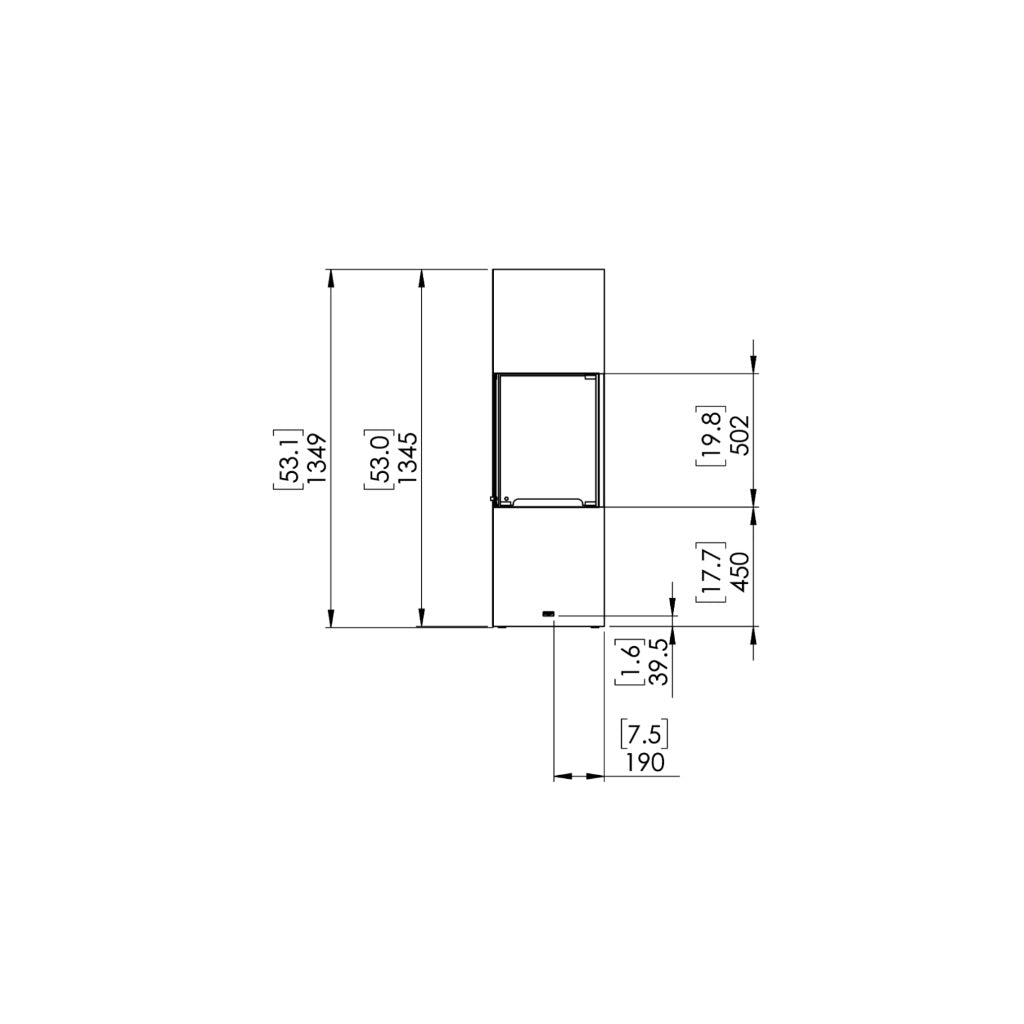 Technical line drawing showing the front elevation and dimensions of the EcoSmart Fire BE Bioethanol Designer Fireplace.