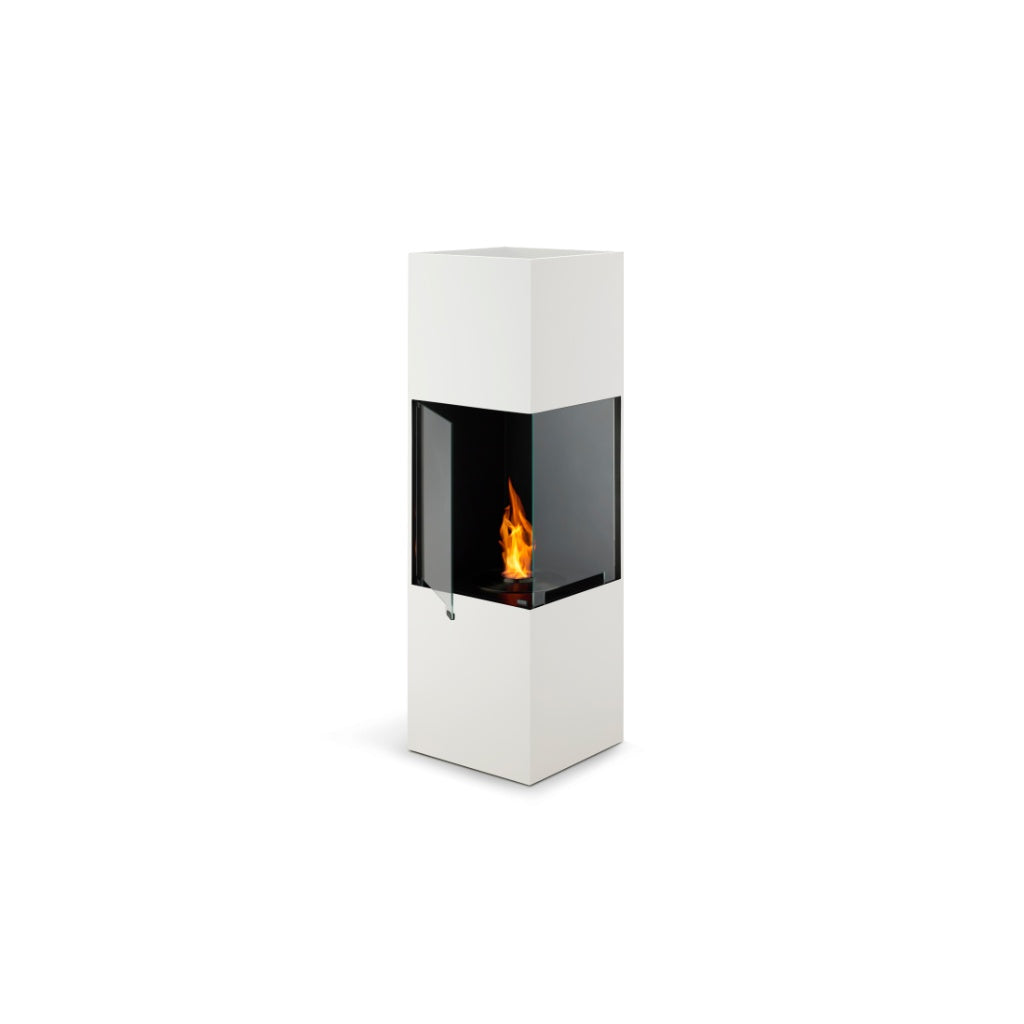 EcoSmart Fire BE Bioethanol Designer Fireplace in a tall, white square frame with a central glass-enclosed flame.