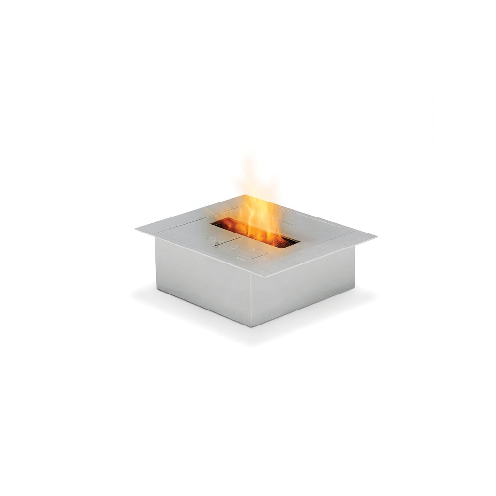 EcoSmart Fire BK5 ethanol burner in brushed stainless steel with a square design and a central orange flame.